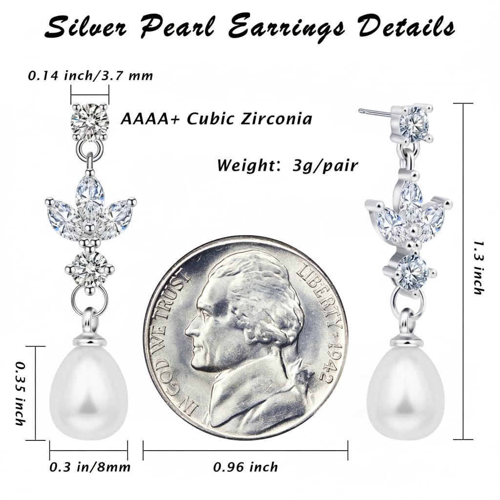 Trinckle Silber Tropfenohrringe mit Perlen, Silber Hängeohrringe für Frauen 5mm Brautperlen Lange Ohrringe für Muttertag, Weiß Boho Accessoires Hochzeitsschmuck, Silber Statement Ohrringe für Abschlussball Geburtstag