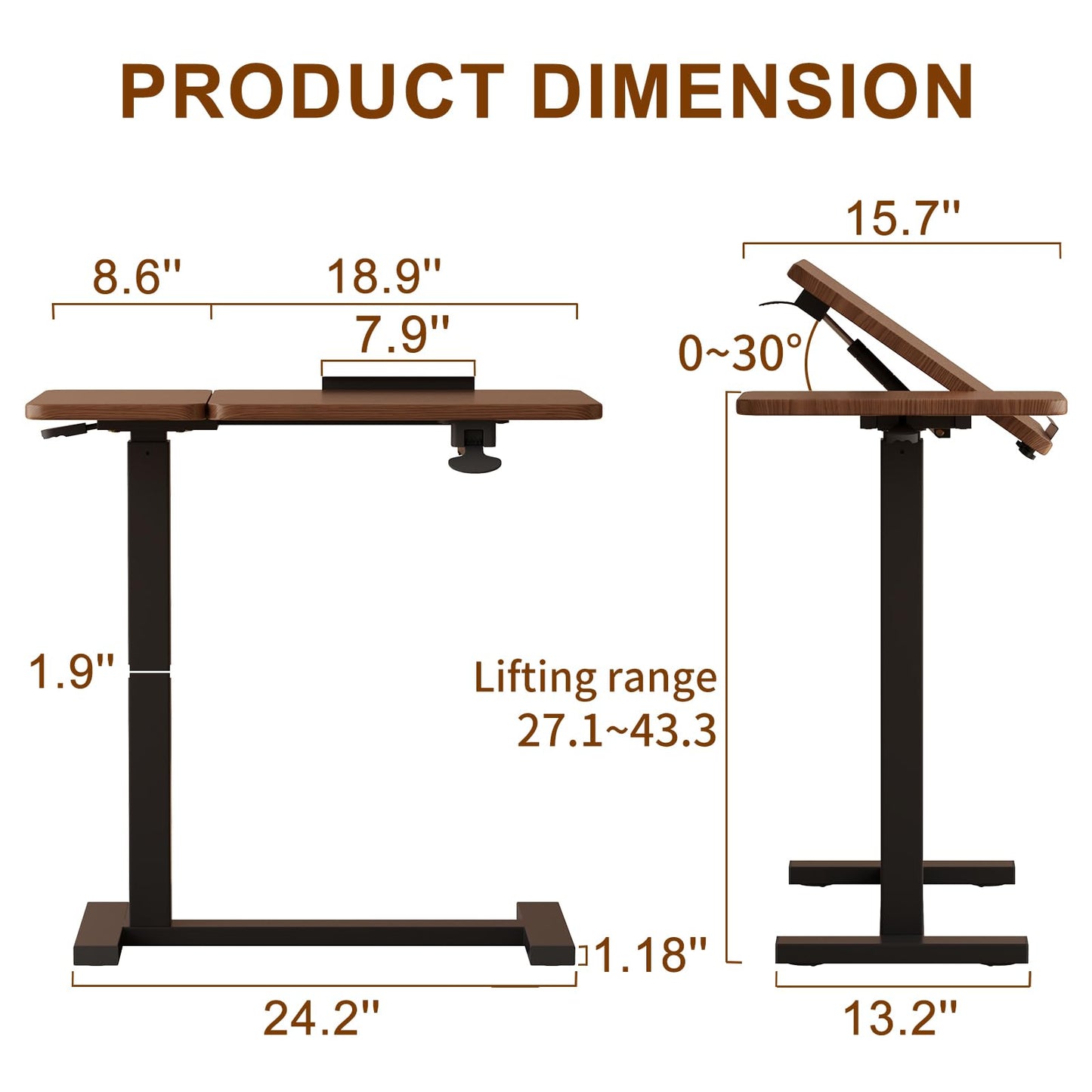 Solid Wood Overbed Bedside Table with Wheels, Tilting Adjustable Hospital Bed Table Over The Bed, Medical Mobile Laptop Stand, Rolling Standing Desk for Hospital and Home Use(Walnut)