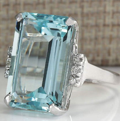 Lzz Vintage Fashion Lady 925 Silver Emerald Cut Blue Aquamarine Gemstone Ring with Diamond Ring Wedding Jewelry Size 5-11, US code 5, Zirconia,Gemstone,Silver, Cubic Zirconia
