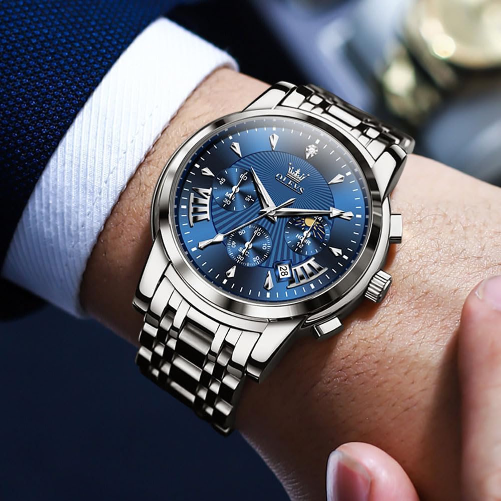 OLEVS Uhren für Herren Dresswatch mit Datumsanzeige Klassische Armbanduhren Multifunktionale leuchtende Herren Edelstahl-Armbanduhr Wasserdichter Chronograph Herren Business-Uhren