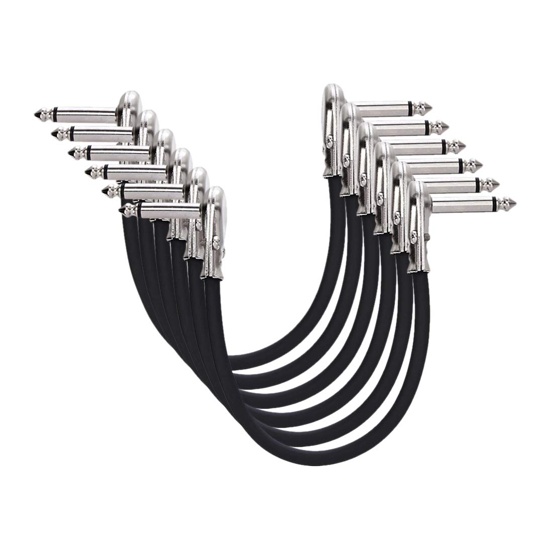 Amazon Basics 1/4 Inch Right-Angle Guitar Patch Cable for Pedal Board and Effect Pedals, 6 in, 6-Pack, Black