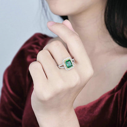 Aienid 18K Women's Wedding Ring Band White Gold 2ct Emerald Cut Emerald with 0.6ct Diamond Anniversary Ring for Girls
