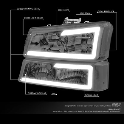 DNA MOTORING HL-LB-CSIL03-BK-CL1 Black Housing 3D LED DRL Headlight Bumper Lamp Set Compatible with 03-06 Silverado 1500-3500 / Avalanche 1500 2500
