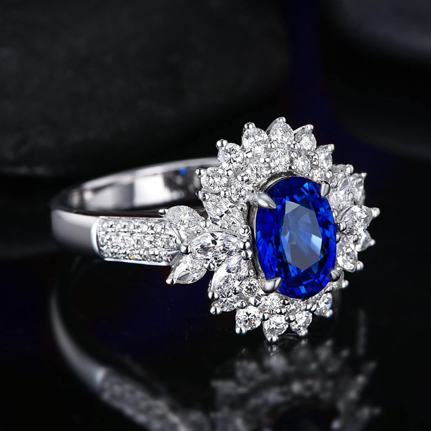 AMDXD 18K White Gold Rings for Women, Luxury Flower Rings for Girls Blue Sapphire 1.8ct with White Diamond Womens Ring, 8, 18K white gold, Cubic Zirconia