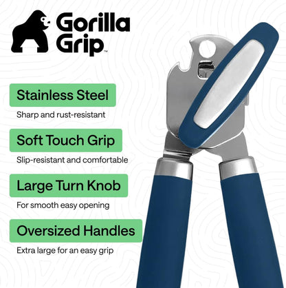 GORILLA GRIP Robuster manueller Dosenöffner, Flaschenöffner aus Edelstahl, öffnet Dosen mühelos, scharfe Klinge mit glattem Schnitt, leicht drehbarer Knopf für Senioren mit Arthritis, Küchenhelfer, Schwarz