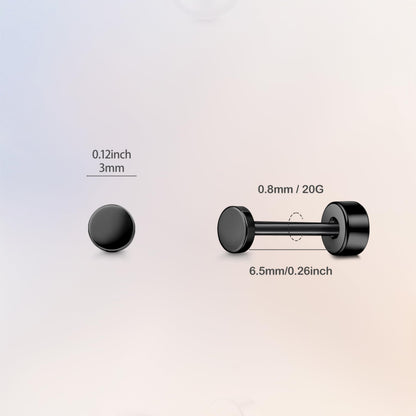 TitanHeart Hypoallergene Titan Ohrstecker Schraubverschluss Flachpunkt-Ohrstecker 3mm-5mm Einfache Klassische Helix Tragus Knorpel Ohrläppchen Ohrstecker für Frauen Männer (Schwarz, 5mm)