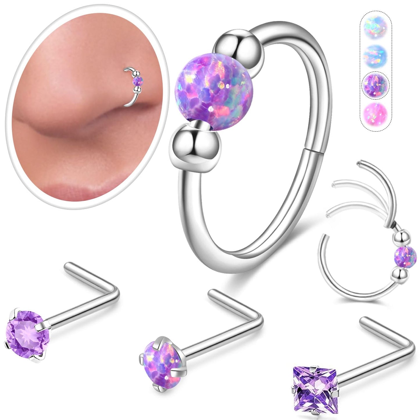 Opal Nose Ring Studs Horseshoe Nose Rings Hoops Stud 316L Stainless Steel Nose Rings Round CZ Square Screw L Shaped Nose Stud Hypoallergenic Nostril Piercing Jewelry for Women Men