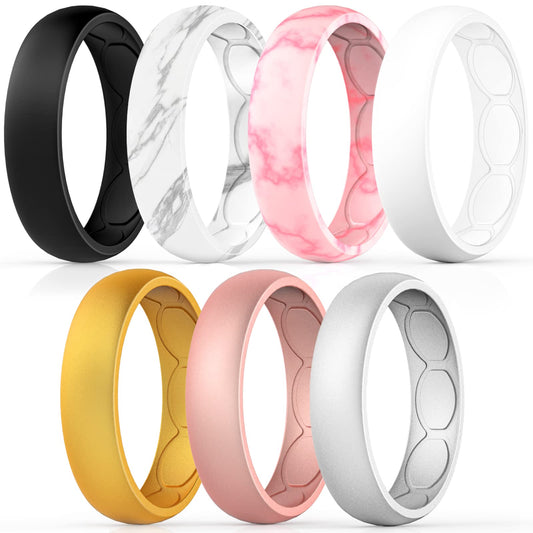 Forthee 7 Pack Breathable Designed Silicone Wedding Ring for Women, 5.7mm Silicone Rubber Band, Wedding Ring Replacement, Comfortable fit, Skin Safe,Size 6