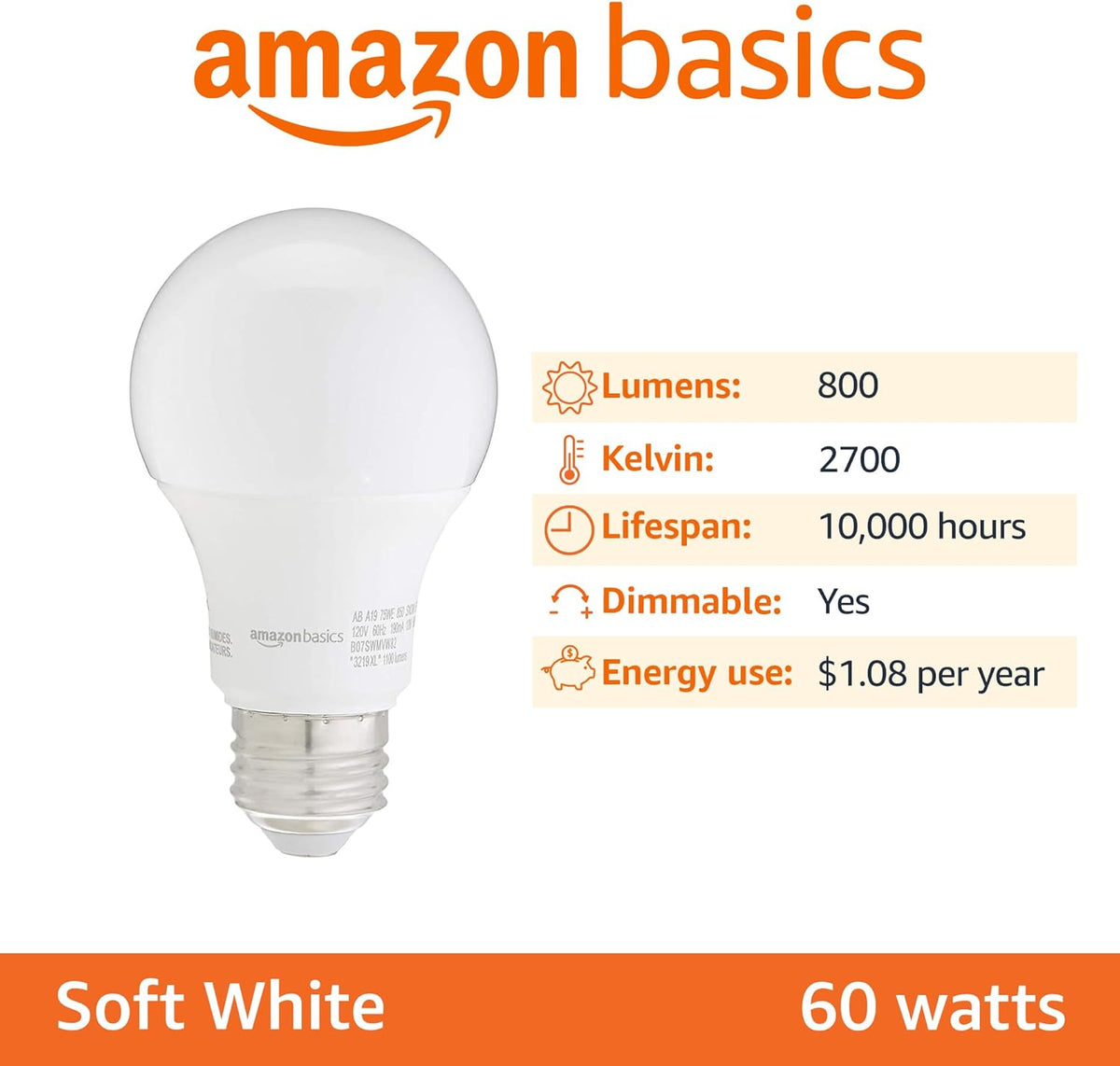 Amazon Basics Soft White LED Light Bulb, A19, 40 Watt Equivalent, Energy Efficient 6W, E26 Standard Base, 2700K, Non-Dimmable, 10,000 Hour Lifetime, 6-Pack
