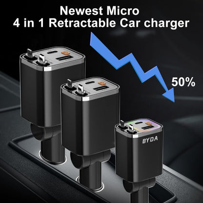 4-in-1 einziehbarer Auto-Ladegerät mit Sternenlicht, 69W USB-C Schnell-Ladegerät, für iPhone 17/16/15/14/13/12/11, Android, Pixel, Zigarettenanzünder-Ladegerät (Lightning+USB-C (Regular))