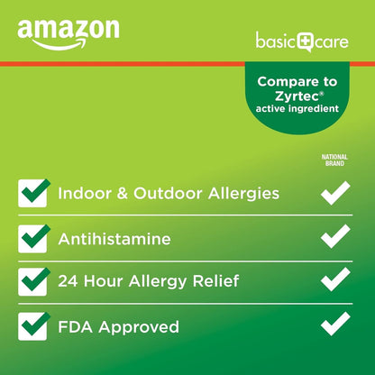 Amazon Basic Care All Day Allergy,Cetirizine Hydrochloride Tablets,10 mg,24-Hour Relief for Sneezing,Runny Nose,Itchy Eyes&Throat,Indoor&Outdoor Allergy Relief,30 Count (Packaging may vary)(Pack of 2)