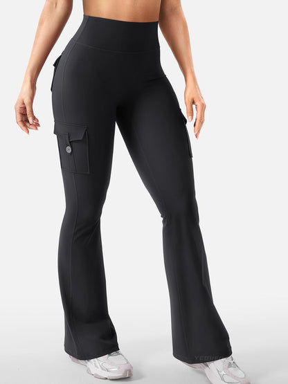 YEOREO CoreFlex Damen Workout Schlaghose Leggings mit Taschen Versteckter Scrunch High Waist Cargo Gym Yoga Leggings ohne Vorderseite