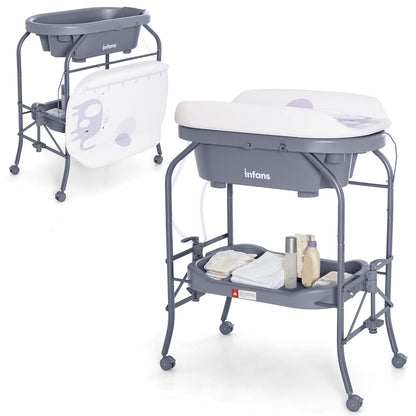 INFANS 2 in 1 Baby Changing Table with Bath Tub Unit, Folding Diaper Dresser Station with Wheels Waterproof Pad Storage Rack, Portable Nursery Organizer Stand for Newborn Infant