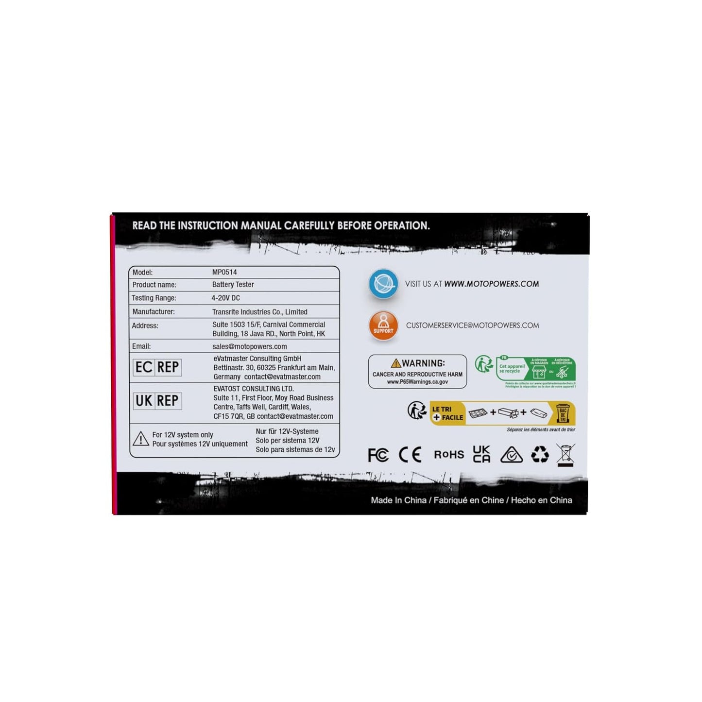 MOTOPOWER MP0514A 12V Digitaler Autobatterietester Voltmeter und Ladesystemanalysator mit LCD-Anzeige und LED-Indikation – Schwarze Gummifarbe
