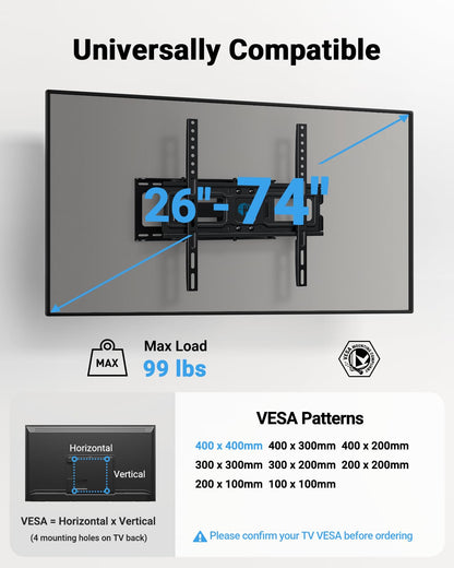 Pipishell TV Wall Mount for 26-74 inch LED LCD OLED 4K TVs up to 99lbs, Full Motion TV Mount Bracket Articulating Swivel Extension Tilting Leveling Max VESA 400x400mm, Fits 12/16 Inch Wood Studs