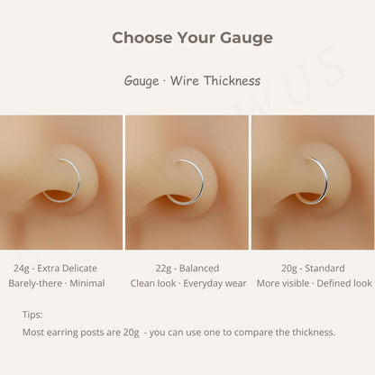 LUCKYJEWUS Small Thin Gold or Sterling Silver Nose Ring Hoop for Women, Tiny Nose Piercing jewelry