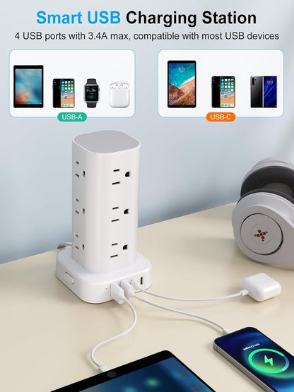 Power Strip Tower with Multiple Outlets and USB Ports