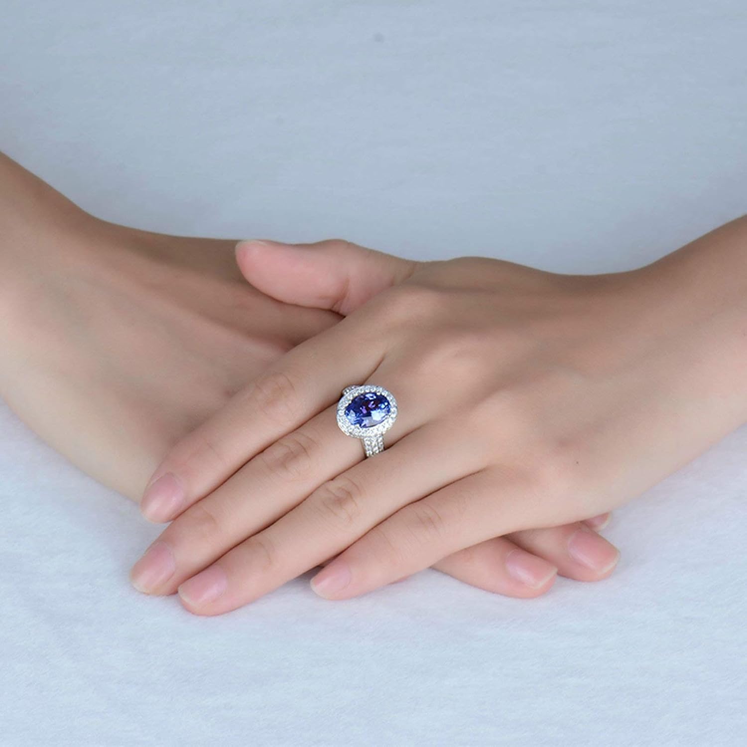 AmDxD 18K Gold Band Ring, Women Wedding Ring Band 3.8ct Oval Cut Blue Tanzanite with 1.22ct Diamond Birthday Gifts | Valentine Gifts
