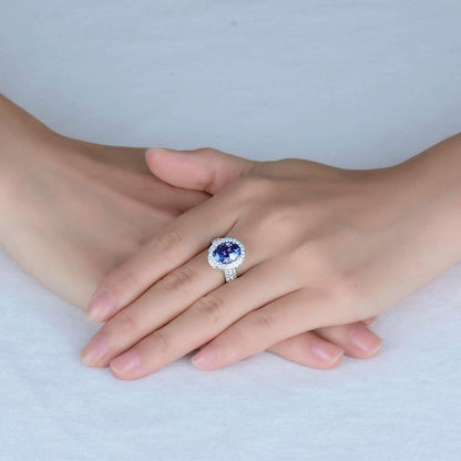 AmDxD 18K Gold Band Ring, Women Wedding Ring Band 3.8ct Oval Cut Blue Tanzanite with 1.22ct Diamond Birthday Gifts | Valentine Gifts