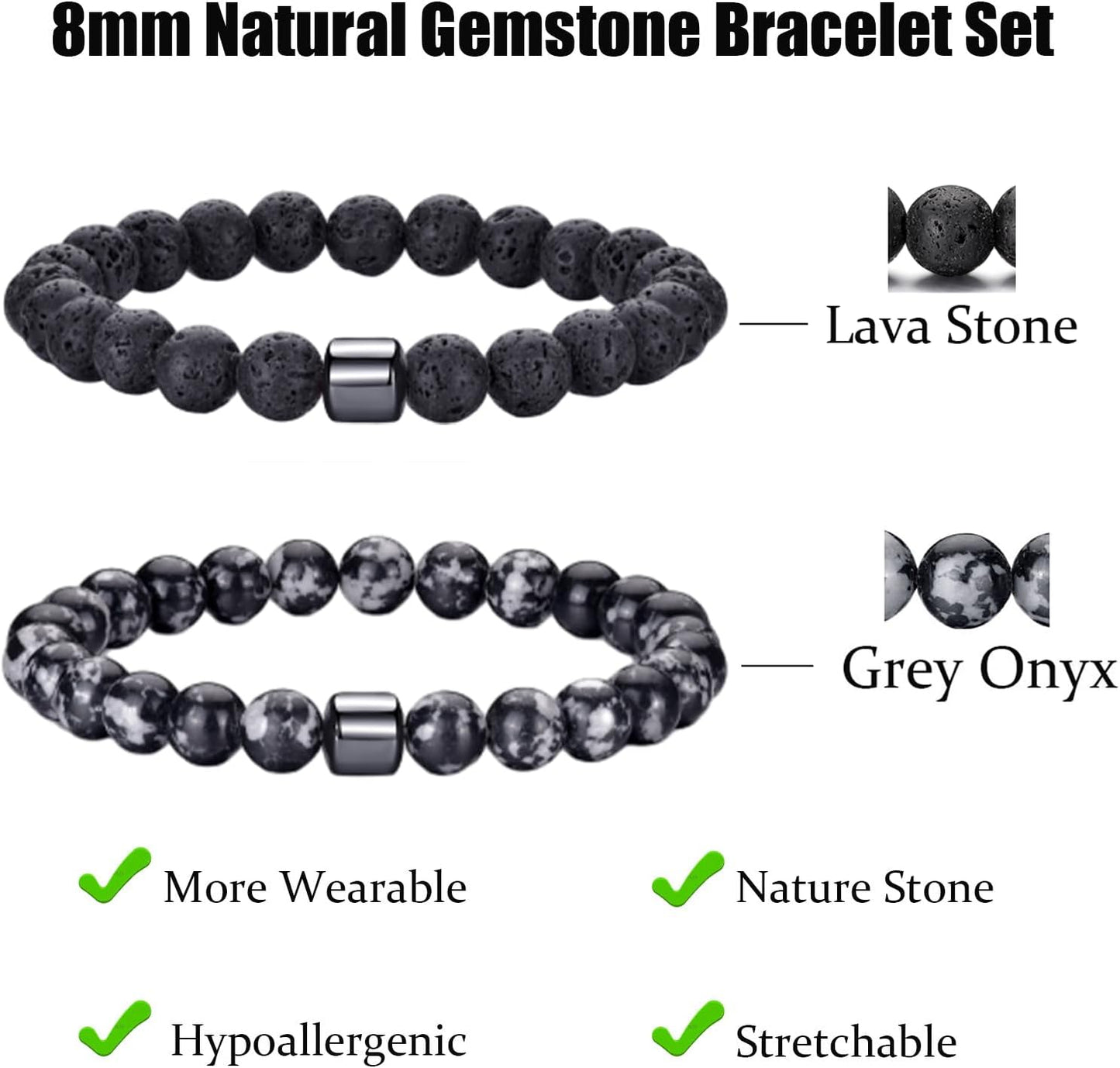 Tigerauge Armband für Herren 8MM Natursteinperlen Armband Set Stretch Lava Stein Armbänder Verstellbares Schwarzes Kristallperlenarmband für Herren Damen Geschenke