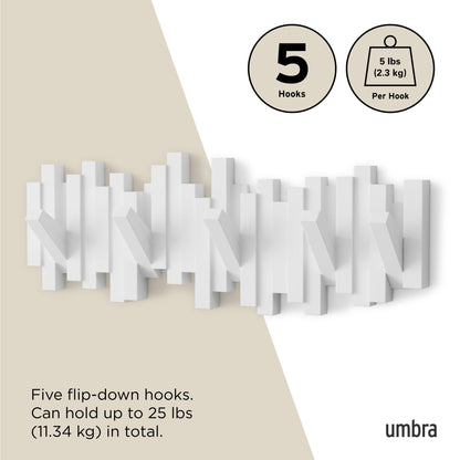 Umbra Sticks Wall-Mounted Coat Rack Rail Hook with 5 Retractable Pegs – Modern, Space-Saving Storage Organizer, Black