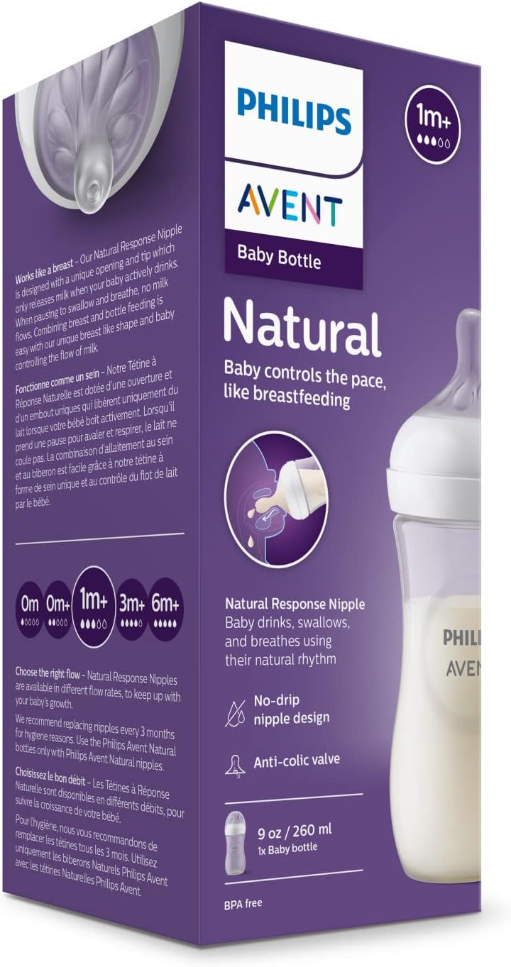 Philips Avent Natural Baby Bottle with Natural Response Nipple (Medium Flow,Flow 3), 9oz, SCY903/01