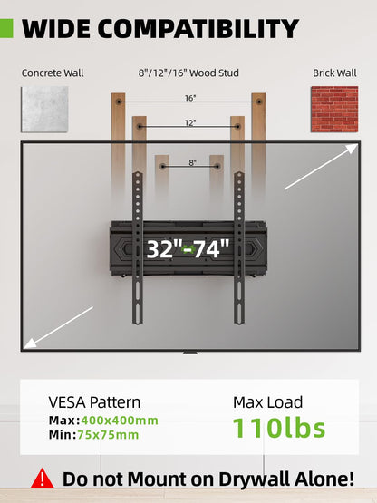 USX MOUNT TV Wall Mount for 32-74 inch Flat Screen/LED/4K up to 110lbs, Full Motion TV Mount Bracket with Swivel & Tilt Articulating Dual Arms, Max VESA 400x400mm, Fits 12/16" Wood Studs