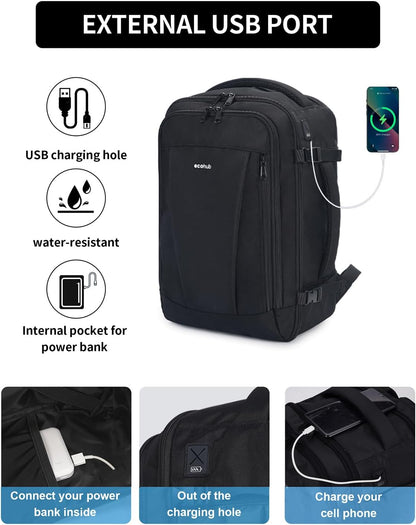 ECOHUB 16'' Reise-Rucksack Handgepäck Unterseat-Rucksack Persönlicher Gegenstand Flugzeug-Reisetasche mit 13 Taschen Handgepäck Flaschenhalter USB-Ladeanschluss Casual Daypack für Frauen Männer Schwarz