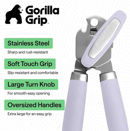 GORILLA GRIP Robuster manueller Dosenöffner, Flaschenöffner aus Edelstahl, öffnet Dosen mühelos, scharfe Klinge mit glattem Schnitt, leicht drehbarer Knopf für Senioren mit Arthritis, Küchenhelfer, Schwarz