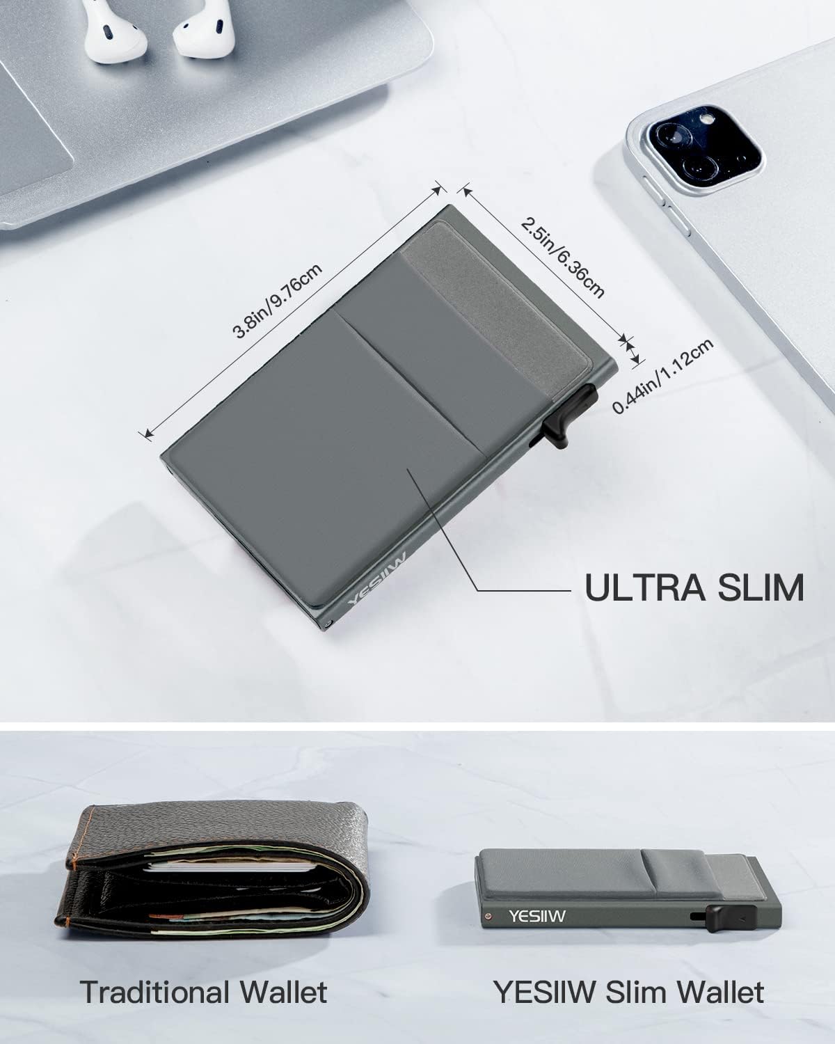 YESIIW Minimalistisches Pop-up-Kartenetui für Herren, RFID-blockierend | Schlankes Visitenkartenetui mit Geldfach | Aluminium-Metall-Bankkartenetui für Scheine, Münzen und Debitkarten