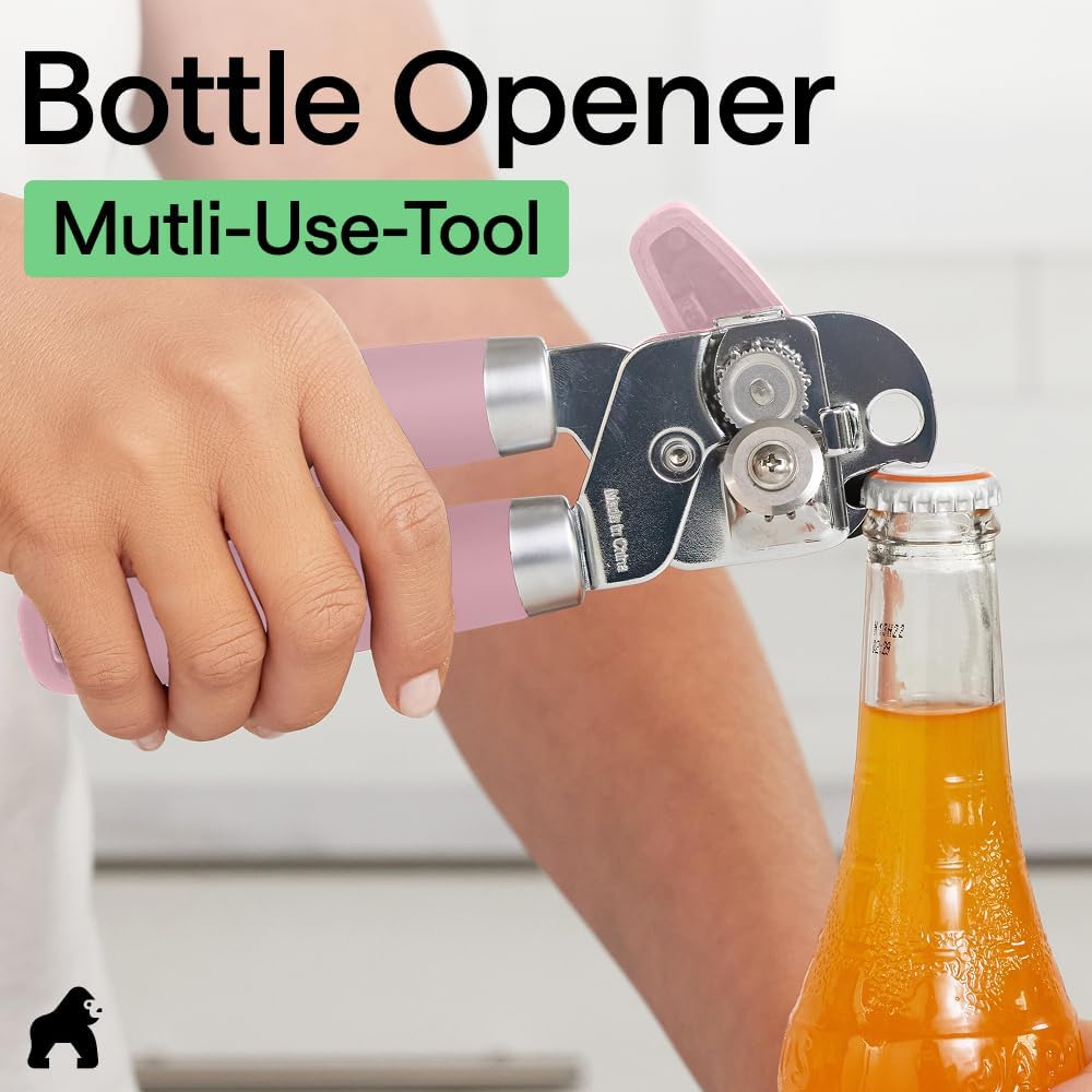 GORILLA GRIP Robuster manueller Dosenöffner, Flaschenöffner aus Edelstahl, öffnet Dosen mühelos, scharfe Klinge mit glattem Schnitt, leicht drehbarer Knopf für Senioren mit Arthritis, Küchenhelfer, Schwarz