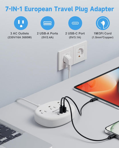 Europäischer Reiseadapter mit USB C, 3 AC-Steckdosen, 4 USB-Anschlüssen (2 USB-C, 4.8A/24W) Kanadisch-Europäische Reise-Steckdosenleiste für EU, Spanien, Frankreich, Deutschland, Island, Griechenland, 0,9 m