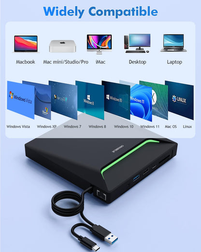 ORIGBELIE externes DVD-Laufwerk, CD-Laufwerk USB 3.0 Typ-C CD/DVD ROM +/-RW Adapter mit USB-Anschluss DVD-Brenner für Laptop, PC, Desktop-Computer, optisches Laufwerk CD-Player kompatibel mit Mac Windows Linux