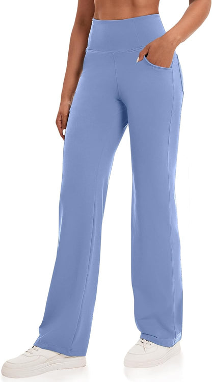 VOOVEEYA Yogahosen für Damen mit Taschen, gerade geschnittene Hose mit weitem Bein, hochtaillierte Business-Hose, petite/regulär//lang