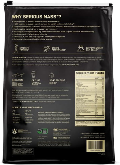 Optimum Nutrition Serious Mass Gainer Protein Powder, Banana, 12 Pound