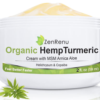 Organic Hemp Turmeric Cream with Arnica, MSM, Hemp Oil Extract, & 7 Essential Oils - Non Greasy & Fast Absorbing for Any Areas of Discomfort 4 oz