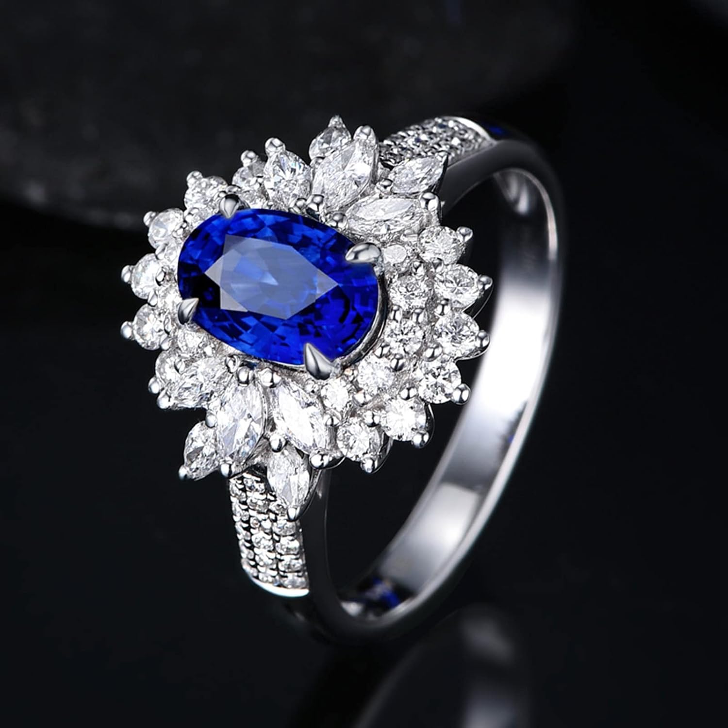 AMDXD 18K White Gold Rings for Women, Luxury Flower Rings for Girls Blue Sapphire 1.8ct with White Diamond Womens Ring, 9, 18K white gold, cubic-zirconia