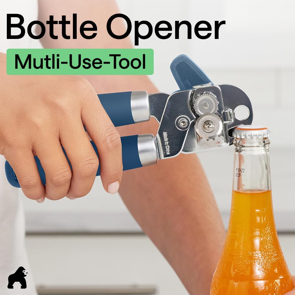GORILLA GRIP Robuster manueller Dosenöffner, Flaschenöffner aus Edelstahl, öffnet Dosen mühelos, scharfe Klinge mit glattem Schnitt, leicht drehbarer Knopf für Senioren mit Arthritis, Küchenhelfer, Schwarz