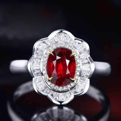 AMDXD 18K White Gold Rings for Girls, Flower Wedding Band for Women Red Ruby 0.76ct with White Diamond Womens Ring, 8, 18K white gold, cubic-zirconia