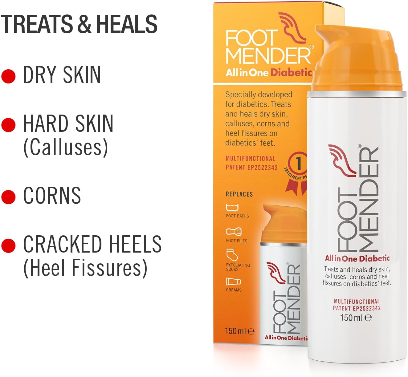 Footmender All in One Diabetic | Medically Proven, an Effictive Foot Cream | Treat and Heal Your Dry Feet, Hard Skin, Corns and Cracked Heels | Significant Effect After First Treatment | 150 ml