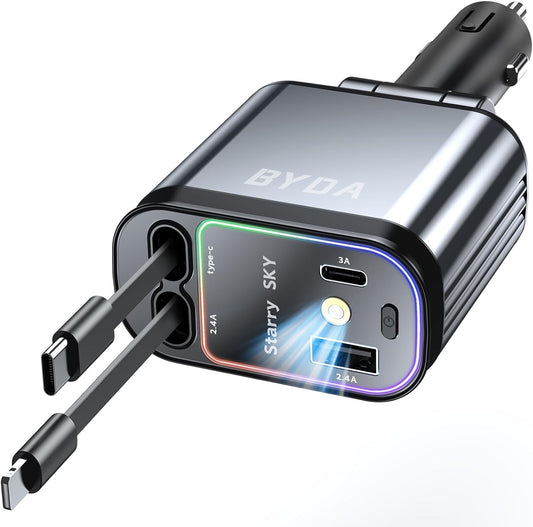 4 in 1 Retractable Car Charger with Starry Light,69W USB-C Fast Car Charger, for iPhone 17/16/15/14/13/12/11, Android,Pixel,Cigarette Lighter Charger (Light-ning+USB-C (Regular))