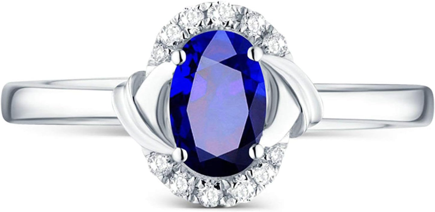 Aienid 18Ct White Gold Promise Ring for Friends Oval Cut Blue Sapphire with White Diamond Wedding Rings for Women