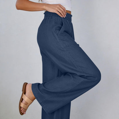 Bequeme Jeans für Damen Sommer Elastische High-Waist Fließende Weite Reisehose Trendige Palazzo Hose Weite Beinhose Dunkelblau