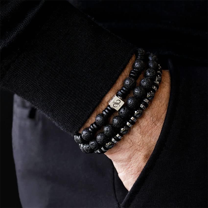 Tigerauge Armband für Herren 8MM Natursteinperlen Armband Set Stretch Lava Stein Armbänder Verstellbares Schwarzes Kristallperlenarmband für Herren Damen Geschenke