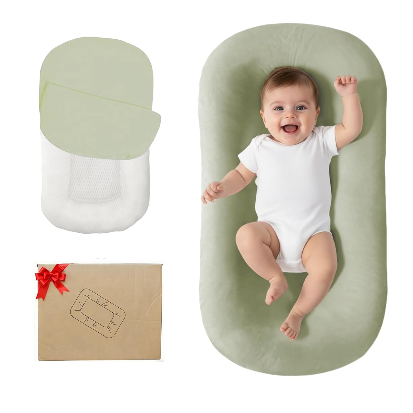 Lucakuins Baby Lounger, Bionic Design Baby Lounger for Newborn 0-24 Months, Soft Organic Cotton Breathable Lounger for Infants (Lovely Green)