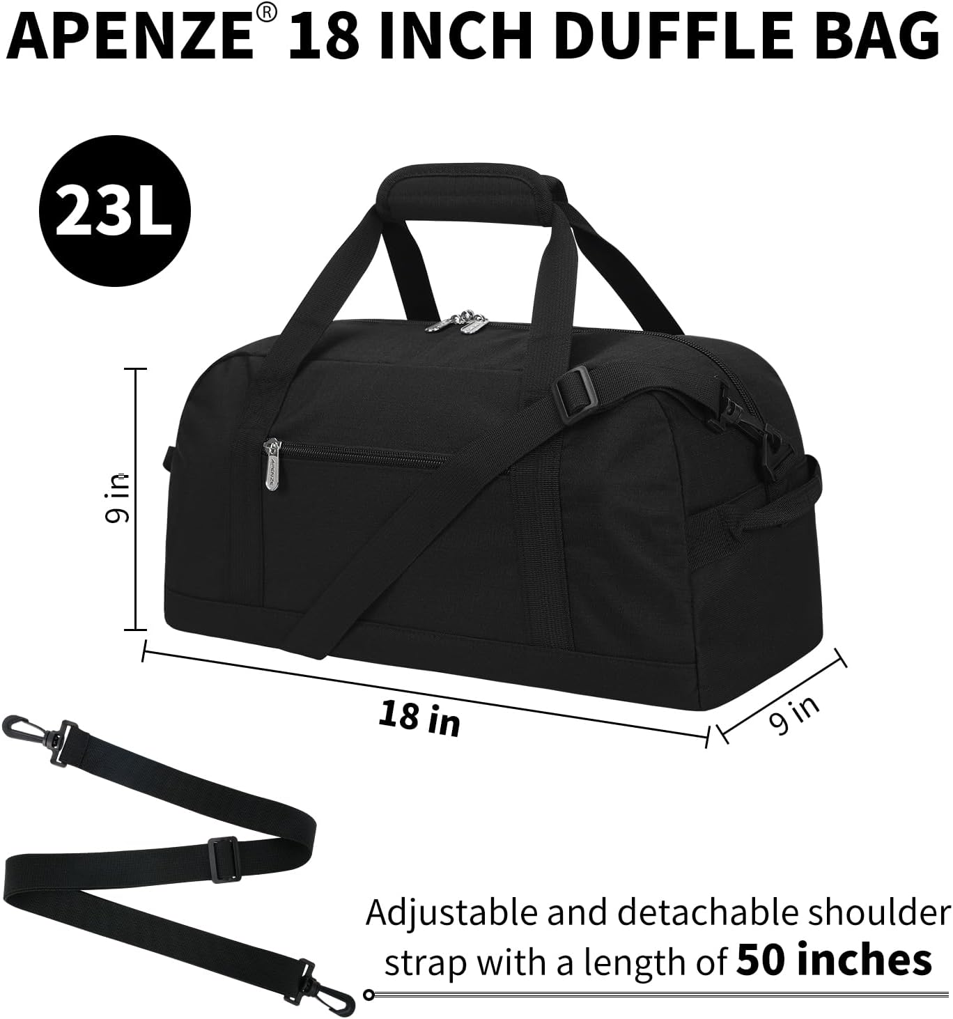 Kleine Sporttasche 18 Zoll Handgepäck Reisetasche für Wochenendtrips Sport-Schwarz