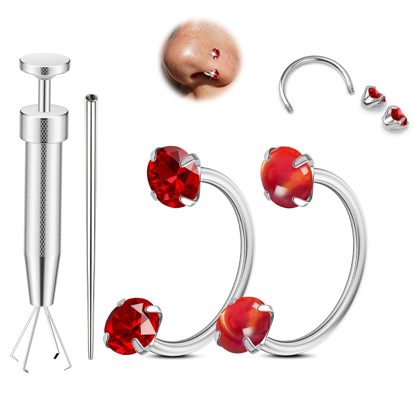 Opal Nose Ring Studs Horseshoe Nose Rings Hoops Stud 316L Stainless Steel Nose Rings Round CZ Square Screw L Shaped Nose Stud Hypoallergenic Nostril Piercing Jewelry for Women Men