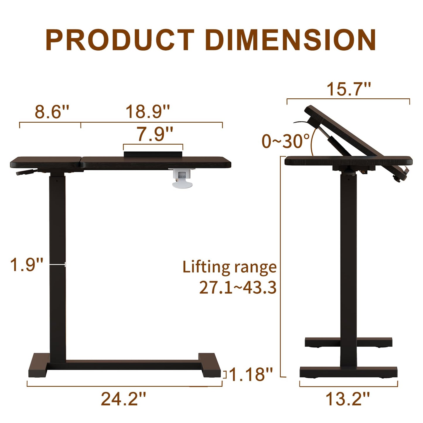 Solid Wood Overbed Bedside Table with Wheels, Tilting Adjustable Hospital Bed Table Over The Bed, Medical Mobile Laptop Stand, Rolling Standing Desk for Hospital and Home Use(Walnut)