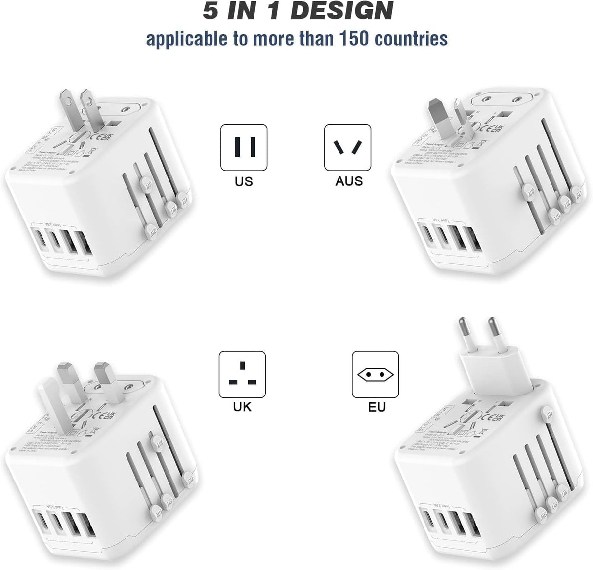 VYLEE Universal International Power Travel Plug Adapter, 5 in 1 European Travel Plug Adapter W/ 3.5A 2xUSB-A and 2xUSB C Wall Charger and Worldwide AC Outlet for Europe USA UK AUS Asia (White)