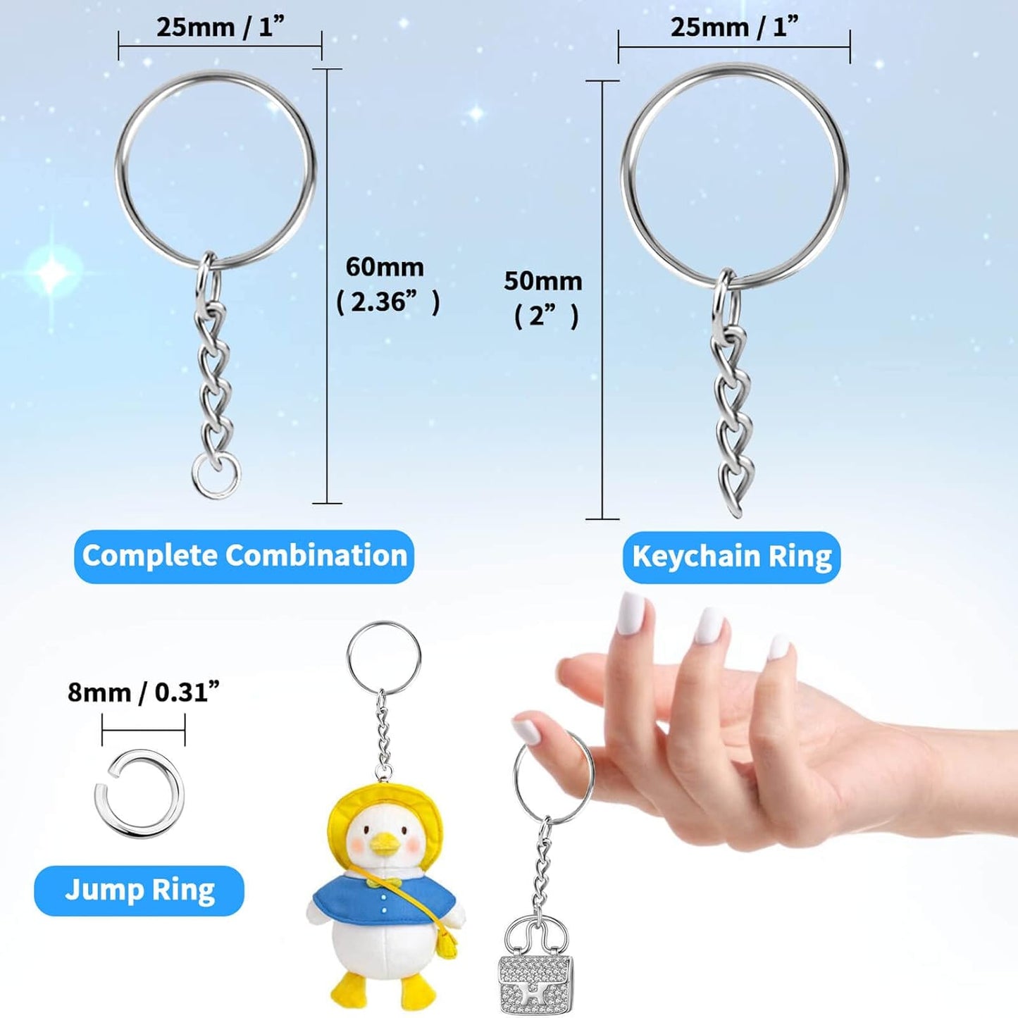 Paxcoo 50 Schlüsselanhänger mit Kette und 50 Biegeringen, Schlüsselanhänger-Set, Bastelzubehör für die Schlüsselanhängerherstellung, DIY-Bastelarbeiten